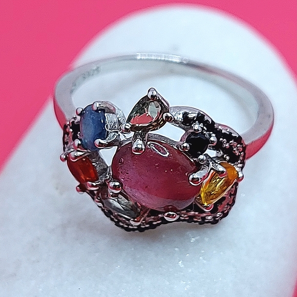 Unheated Natural Ruby 9×7 mm & Black‎ Spinel 925 Sterling Silver Ring Sz 6.5 - Picture 4 of 6